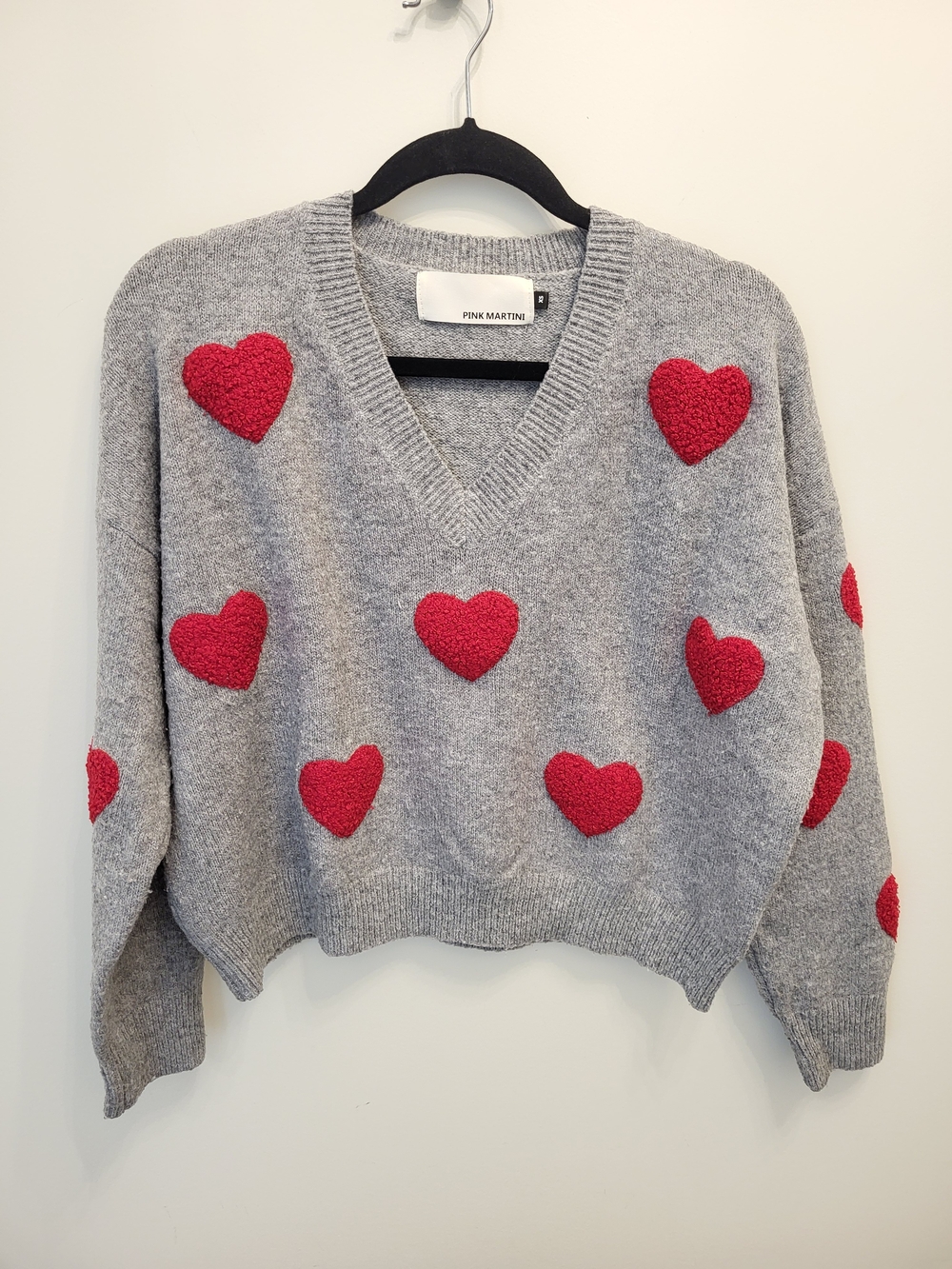 Pink Martini Gray V-Neck Sweater with Red Heart Motif